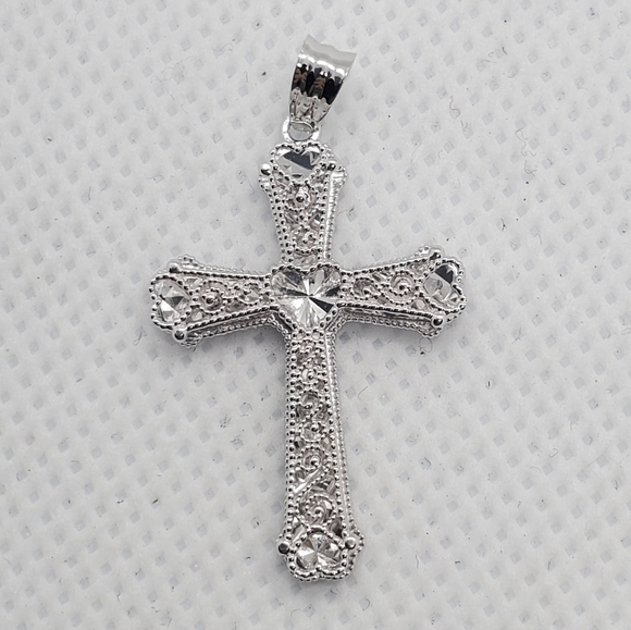 Sterling Silver 925 Rhodium Plated Heart Center Cross Pendant - Picture 5 of 7